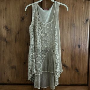 Lace & Mesh Cotton Beige Sleeveless Tunic Tank